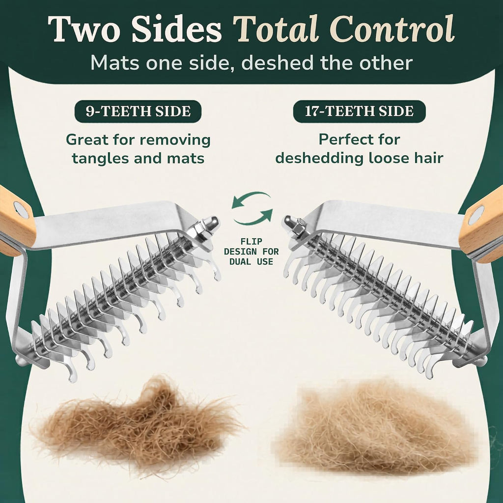 Dematting Comb for Cats and Dogs, Mat Remover and Deshedding Grooming Tool, Safe Detangler for Matted Fur, Double Sided Undercoat Rake