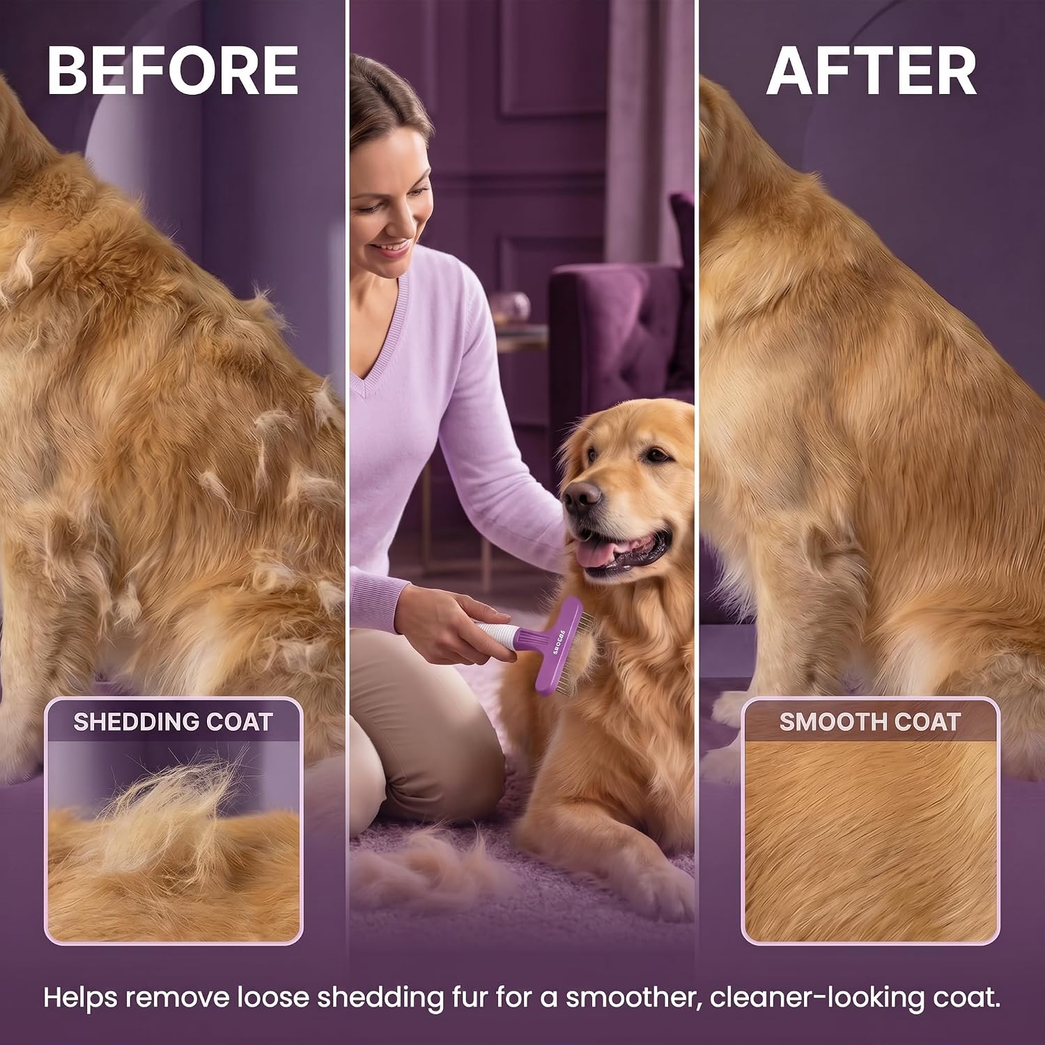 Poodle Pet Dog Grooming Rake| Dematting Tool with Stainless Steel Shedding Comb for Pets | 2 Rows of Pins Gently Remove Loose or Tangled Hair from Undercoat | Purple Handle