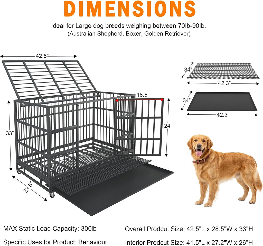 KOKOTANGS 42 Inch Heavy Duty Dog Crate Cage with Wheels, Indestructible and Escape Proof Steel Kennel Indoor for High Anxiety Dogs with Sturdy Locks, Double Door and Tray, Extra Large XL XXL, Black