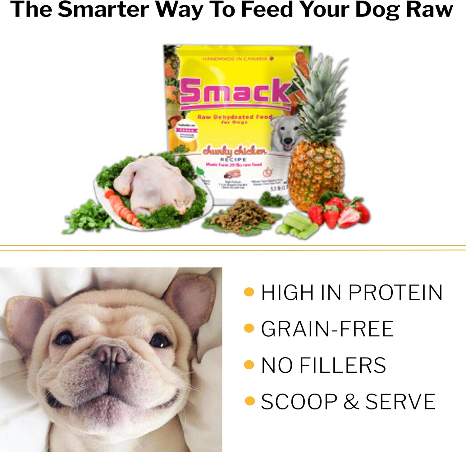 Smack Pet Food Organic Raw Dehydrated Dog Food Grain-Free, Gluten-Free, Raw Food for Dogs (Chunky Chicken, 8.8 Ounce)