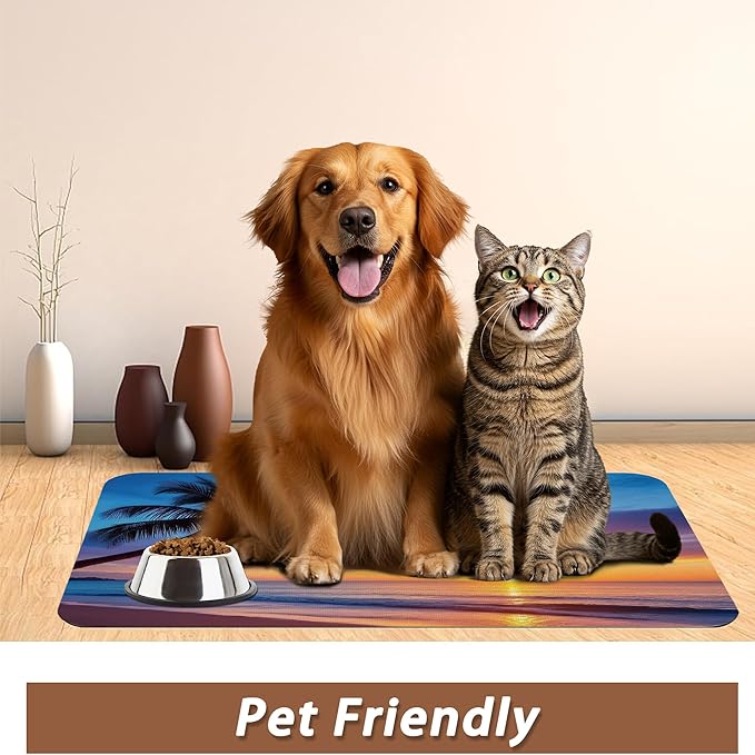 Tropical Palm Pet Feeding Mat,Sunset Trees Sea Beach Absorbent Quick-Dry Cat Dog Food and Water Bowl Mats, Non-Slip Rubber Backing Mat, Cat Dog Accessories Supplies 16"x24"