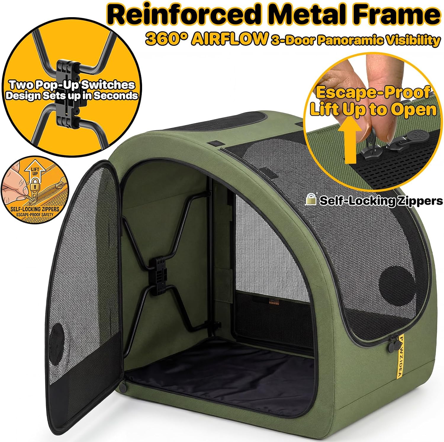 PAWZIDEA Portable Dog Crate for Car Travel, Medium & Large Dogs Up to 80lbs | Soft-Sided Dog Car Kennel for Backseat, Secures Seatbelt & Headrest Strap, Collapsible Enclosed Car Seat Carrier, Chew-Proof