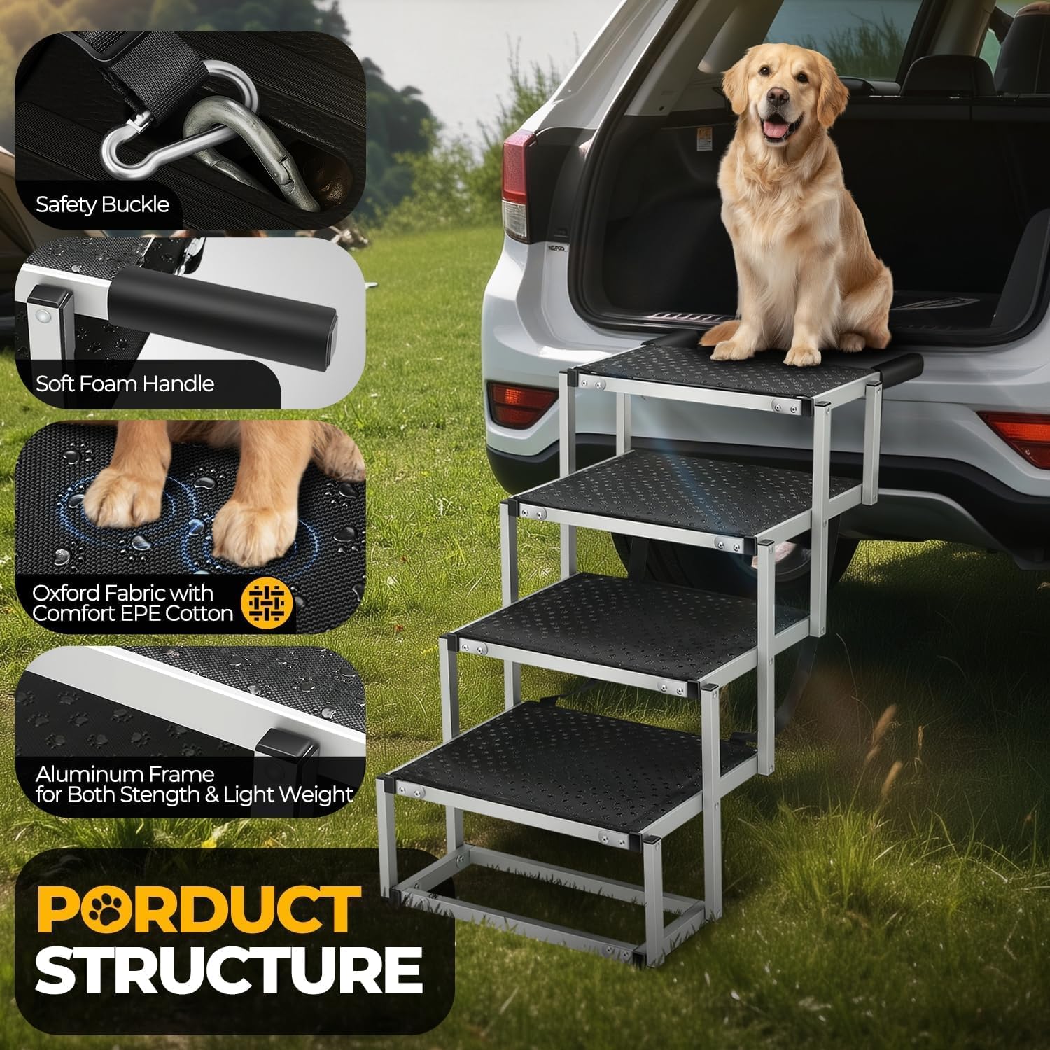 Auto Dynasty Dog Stairs for Car - 4 Steps Wide 31.4in High 25in Foldable Dog Ramp for Car Non-Slip Surface Support up to 150lbs - Suitable for SUV,Truck, Sofas, Bed/Couch