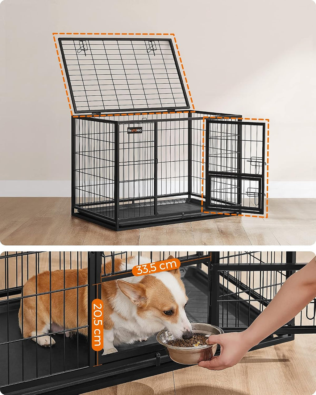 Feandrea Heavy-Duty Dog Crate, Dog Cage, 92.5 x 57.5 x 64 cm, for Small and Medium Dogs, Anti-Escape, Double Removable Door, Easy Cleaning, Pet Cage, L, Black PPD002B01