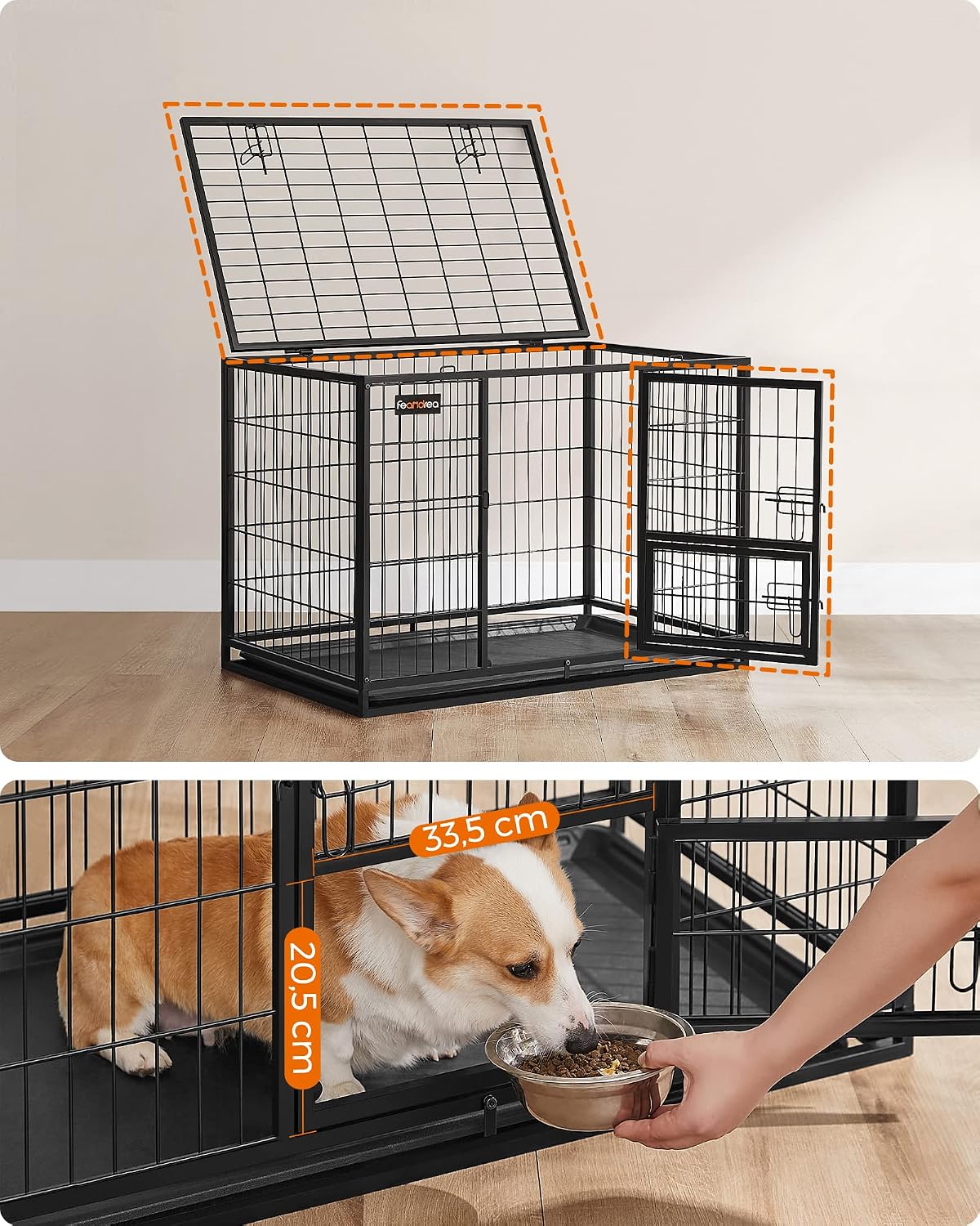 Feandrea Heavy-Duty Dog Crate, Dog Cage, 92.5 x 57.5 x 64 cm, for Small and Medium Dogs, Anti-Escape, Double Removable Door, Easy Cleaning, Pet Cage, L, Black PPD002B01
