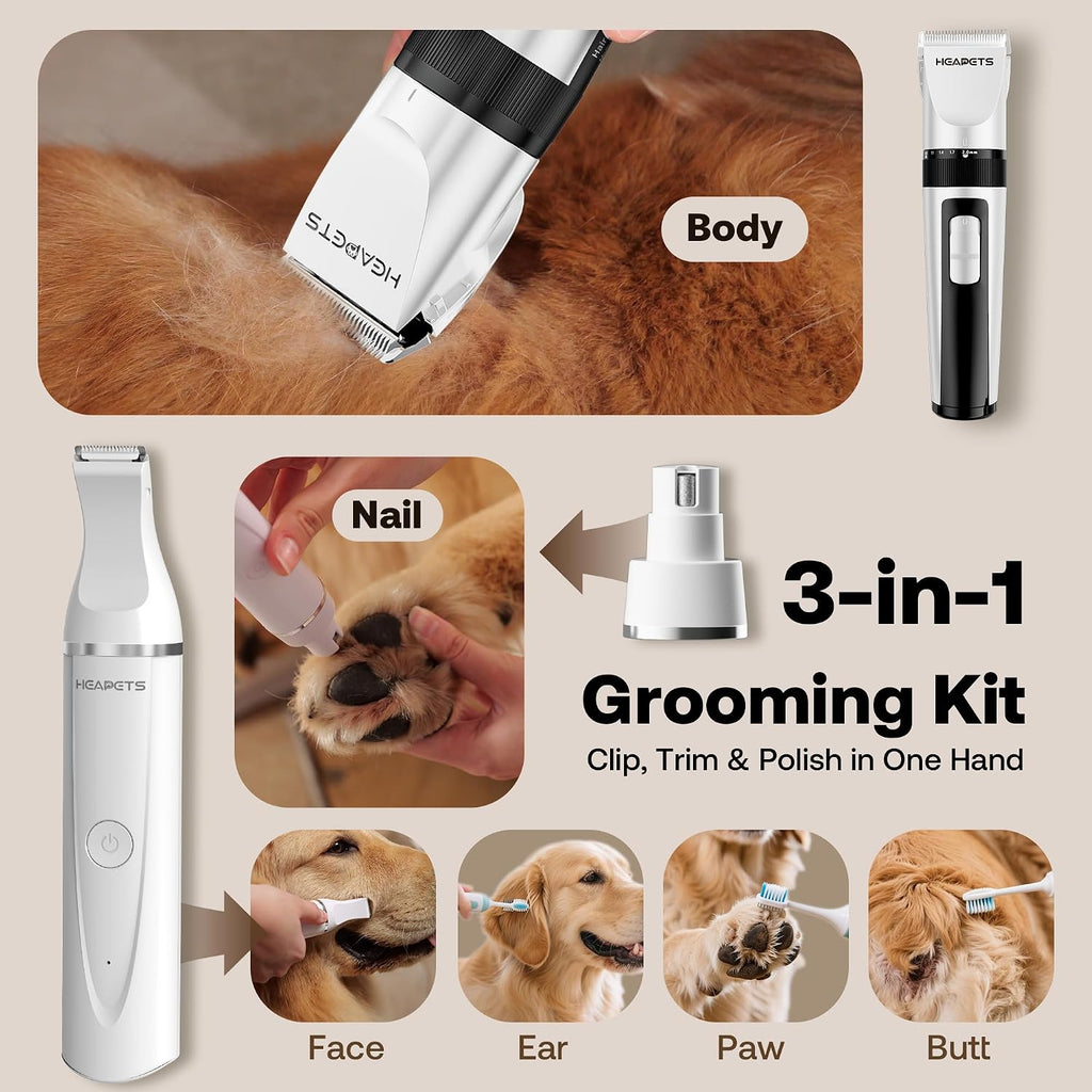 HEAPETS Dog Hair Clippers for Grooming Kit and Dog Paw Trimmer Nail Grinder for Grooming, Low Noise Rechargeable Cordless, Shaver Grooming Supplies for Pet Cats Dogs, White