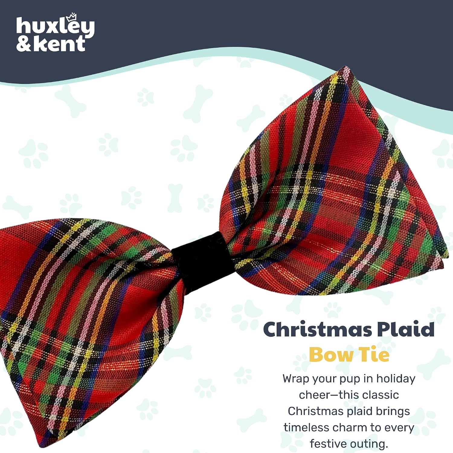 Huxley & Kent Pet Bow Tie for Dogs & Cats - Holiday Adjustable Hook & Loop Collar Accessory - Cute & Comfortable for Holidays & Celebrations - Christmas Plaid, Large | Hook & Loop Attaches to Any Collar, Soft Polyester, Lightweight & Machine Washable