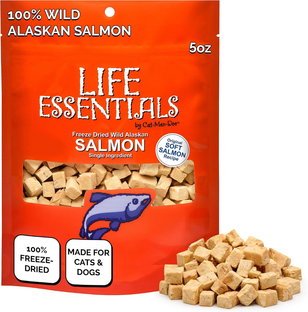 Life Essentials by Cat-Man-Doo | Freeze Dried Salmon Treats | 5oz Bag | Freeze-Dried, Premium Wild Caught Salmon, Healthy, Single Ingredient, High Protein, Pet Treats, Food Topper for Cats & Dogs