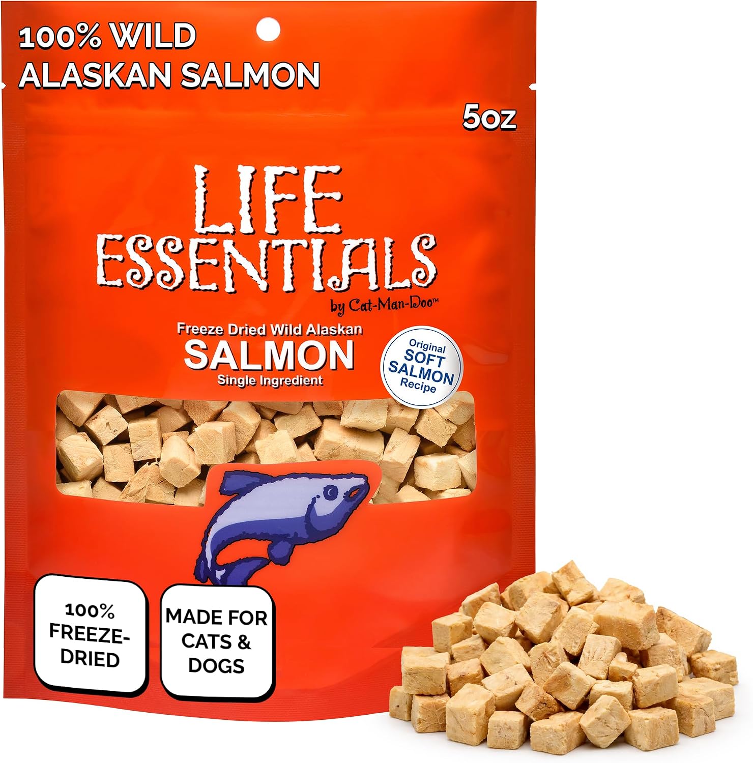 Life Essentials by Cat-Man-Doo | Freeze Dried Salmon Treats | 5oz Bag | Freeze-Dried, Premium Wild Caught Salmon, Healthy, Single Ingredient, High Protein, Pet Treats, Food Topper for Cats & Dogs