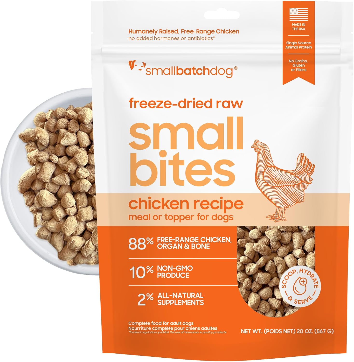 smallbatch Freeze Dried Raw Dog Food, Free-Range Chicken Small Bites 7 oz | Sustainably Sourced Protein, Grain-Free, Single Protein for Picky Eaters & Allergies, Adult Dog, Hydrate & Serve, Made in USA