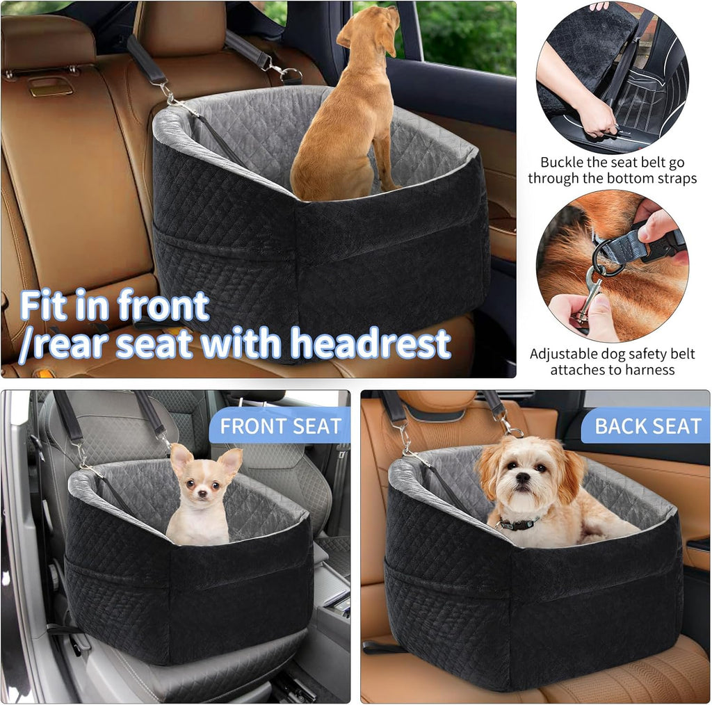 Car Dog Bed - Memory Foam Puppy Car Booster Seat with Safety Leash, Washable, Medium/Small Dogs