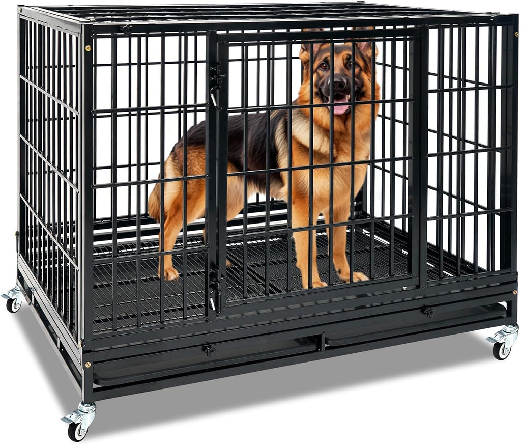 Heavy Duty Large Dog Crates for Large Dogs with Wheels, 47 Inch Metal Wire Stackable Dog Crate Cage with 2 Removable Trays, Multi Locks, Chew Proof Escape Proof Dog Kennel Indoor