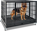 Heavy Duty Large Dog Crates for Large Dogs with Wheels, 47 Inch Metal Wire Stackable Dog Crate Cage with 2 Removable Trays, Multi Locks, Chew Proof Escape Proof Dog Kennel Indoor