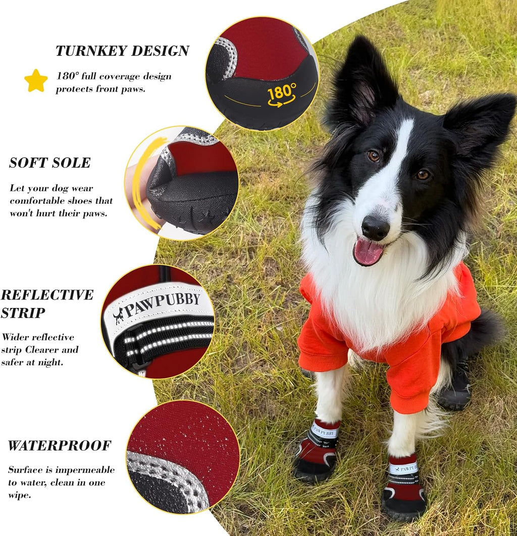 Dog Shoes for Large Dogs, Anti-Slip Waterproof Dog Boots & Paw Protectors with Full Toe Coverage Design, Dog Shoes for Hot Pavement and Winter Snow Hiking with Reflective Straps（red,3#