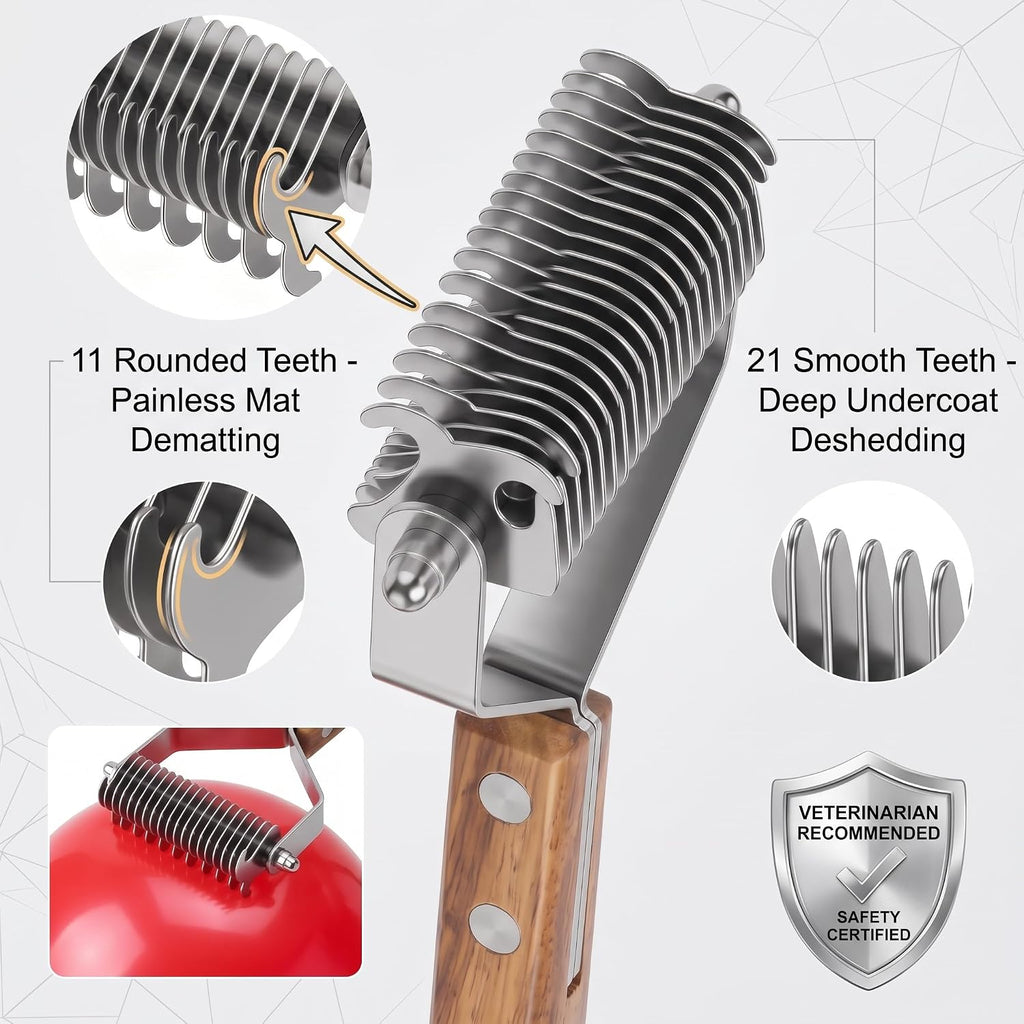 2-Sided Undercoat Rake for Dogs and Cats, Wooden Handle | Dematting Comb for Thick Double Coats, Dual-Head Grooming Tool to Remove Stubborn Mats & Heavy Undercoat Shedding