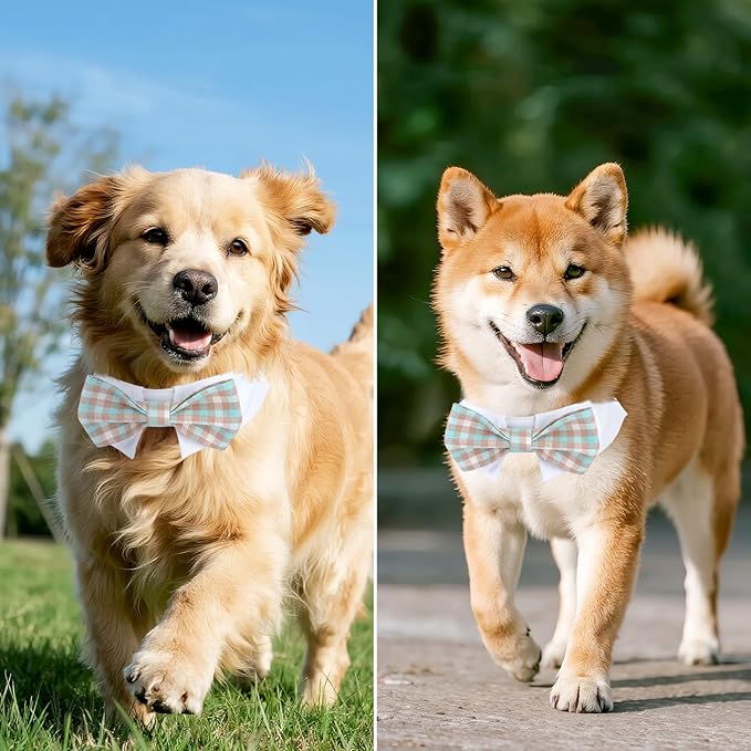 Segarty Dog Bow Tie Neck Girth 10.2-12.6in, Adjustable Blue Khaki Plaid Bowtie Collar for Dog, Medium Necktie Tuxedo Comfortable Cotton Pet Grooming Accessory for Formal Wedding Holiday Birthday Party