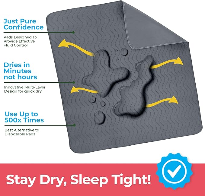 Utopia Bedding Washable Underpads 34" x 36" (Pack of 6), Waterproof Reusable Heavy Absorbency Incontinence Bed Pads for Adults, Kids, Elderly and Pets, Bedwetting Pads for Sofa and Couch (Grey)