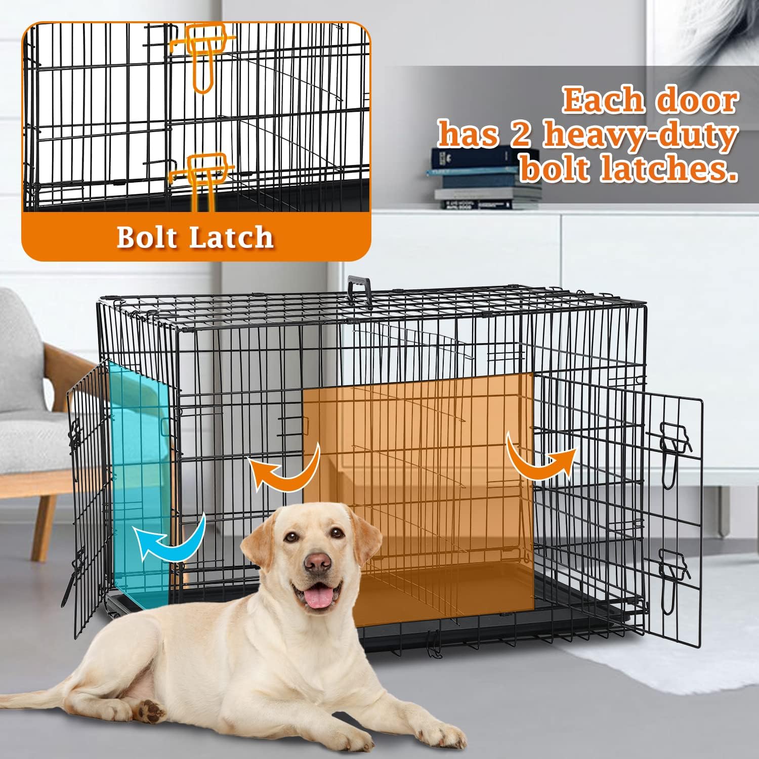 48 Inch Large Dog Crate Dog Kennel Cage Metal Wire Crates Pet Cages Double-Door Foldable Kennels with Handle and Plastic Tray Indoor&Outdoor,Black XXL