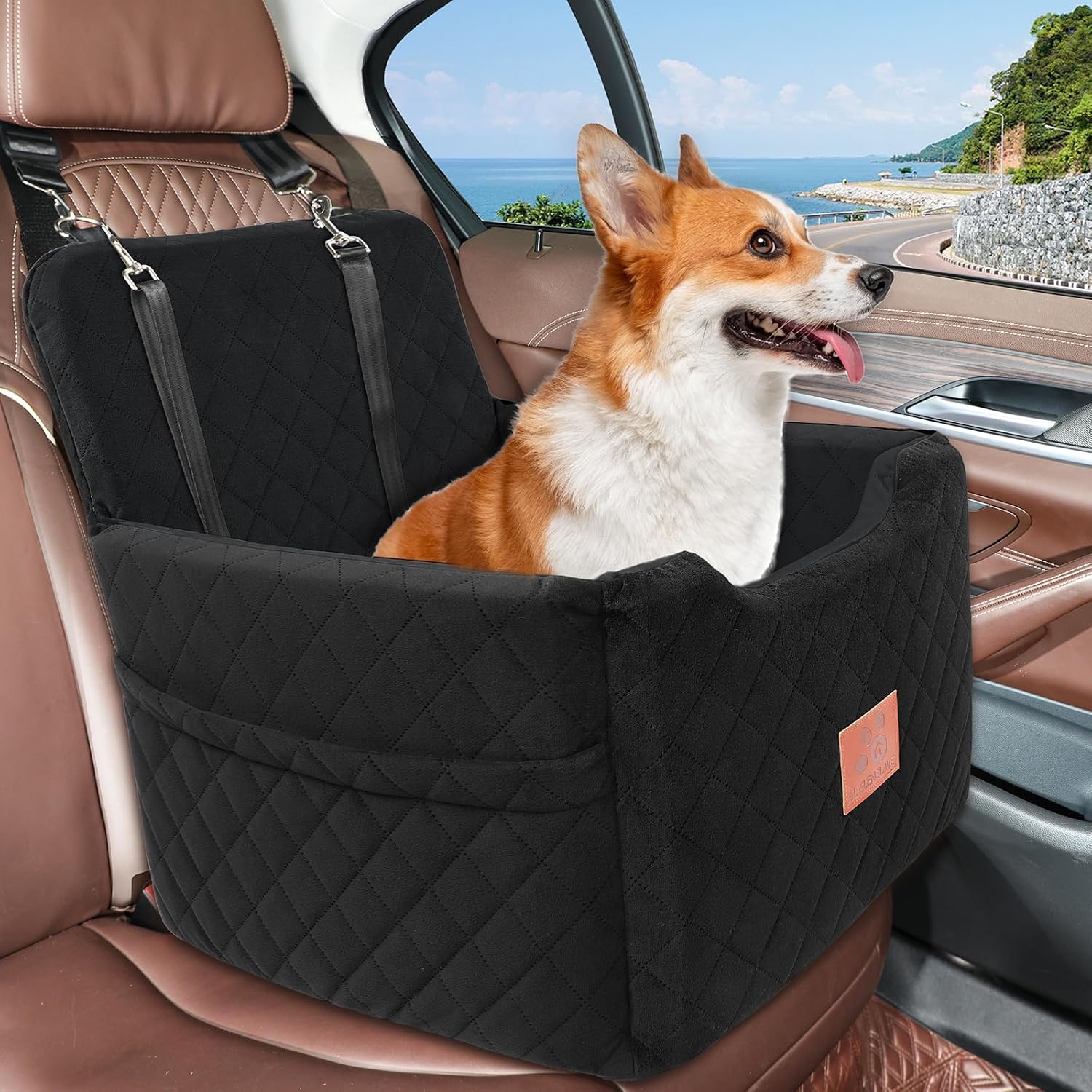 GL GLENSLAVE Dog Car Seat for Small/Medium Dogs Under 35lbs,Memory Foam Dog Booster Seats,Detachable and Washable Traval Pet Car Seat,Dogs Bed with 2 Safety Belts(Balck)