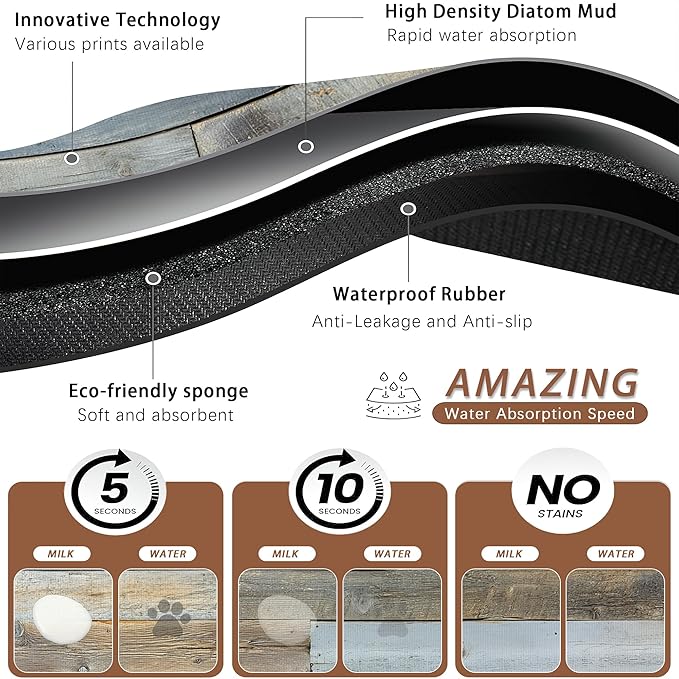 Vintage Barn Wooden Dog Cat Food Mat,Rustic Wood GrainAbsorbent Pet Feeding Mat for Food and Water,Non-Slip Dog Bowl Mats Floor Protector 12"x20"