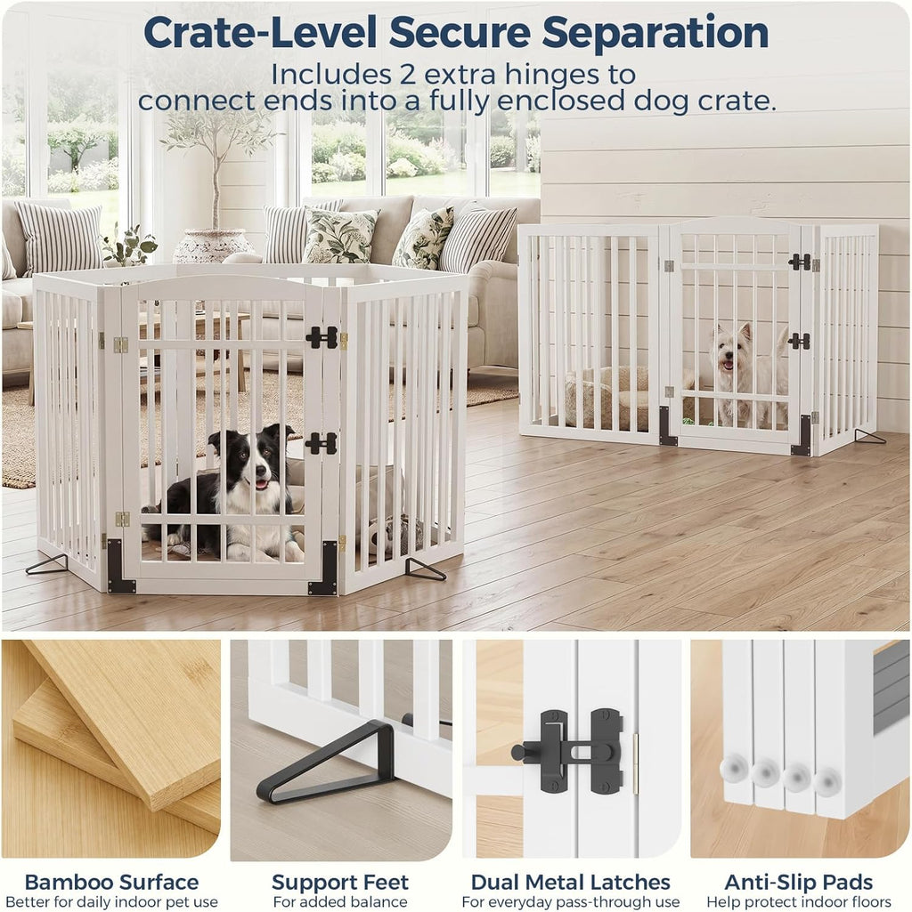 Homykic Dog Gate Indoor, 88.2" W x 30" H Extra Wide Foldable Bamboo Pet Gate with Door, No Assembly Freestanding Dog Fence with 2 Support Feet & 360°Hinges for Doorways Hallways (White, 4 Panels)