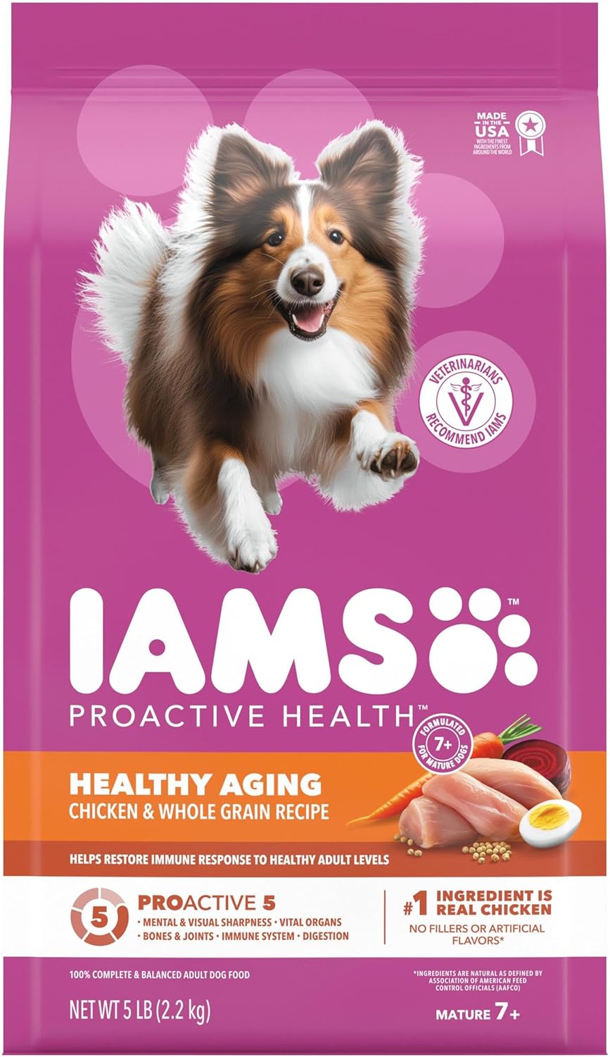 IAMS Proactive Health Healthy Aging Dry Dog Food, Chicken, 5 lb | Veterinarian-recommended, DHA Gold for mental & visual sharpness, Vitamin E & Beta Carotene, real chicken #1 ingredient