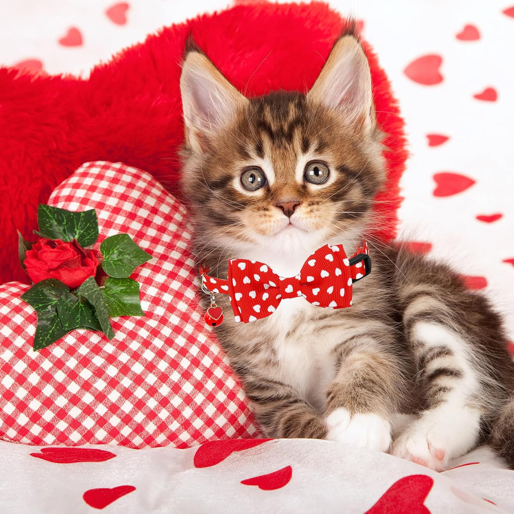 JarThenaAMCS 3Pcs Valentine's Day Cat Collar Love Heart Bowtie Collar with Breakaway Bell Red White Pink Adjustable Kitten Collars for Girl Boy Cat Small Pet