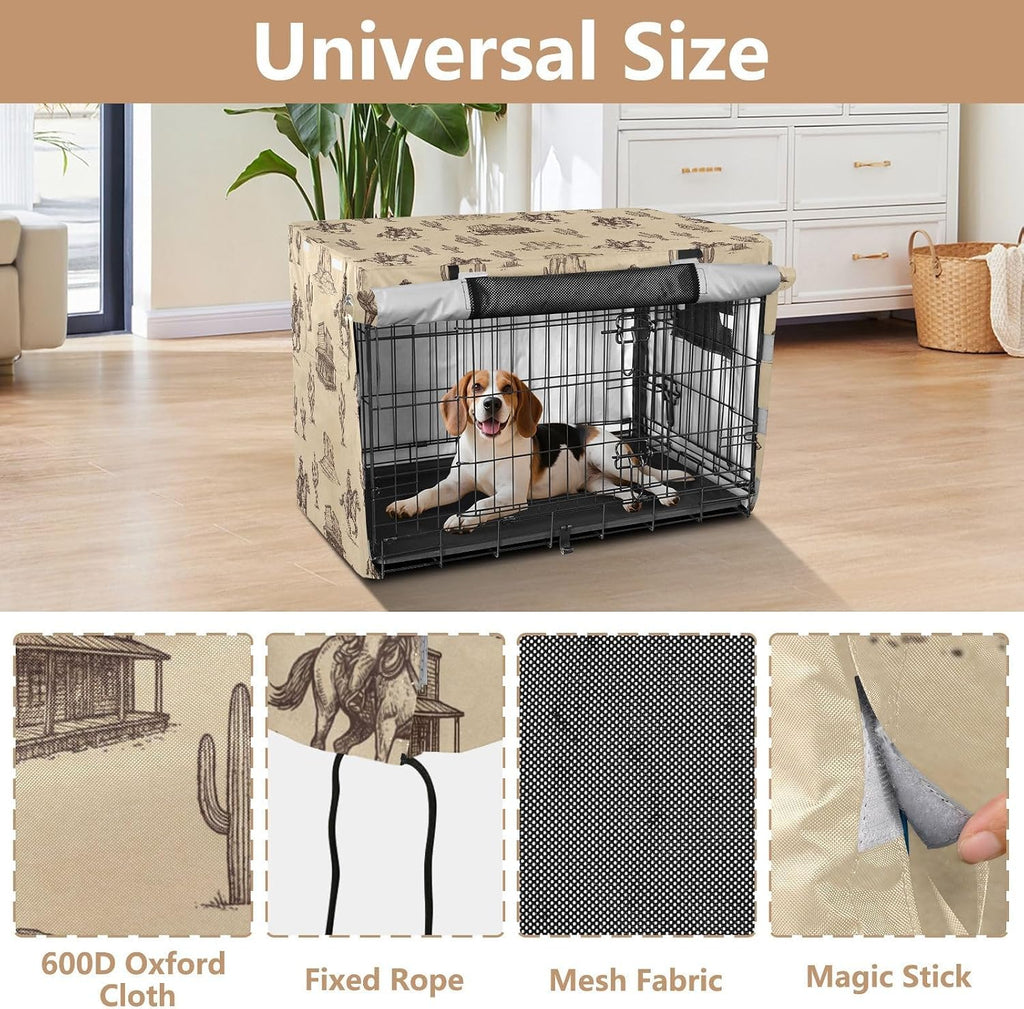 Duty 600D Silver Coated Dog Crate Cover, Water-Resistant Western Cowboy Pet Kennel Canopy with Mesh Windows for Optimal Ventilation, Universal Fit for Standard Wire Cage, Indoor & Travel