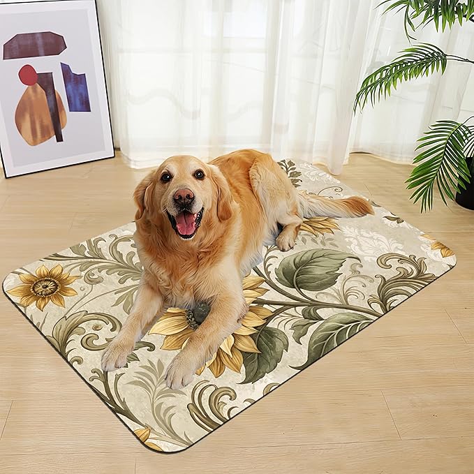 Vintage Sunflower Pet Feeding Mat for Floors–Christmas Stocking Absorbent Quick Dry Dog Cat Bowl Mat for Food and Water, Non Slip Waterproof Base, Mess-Free Feeding Accessories 12"x20"