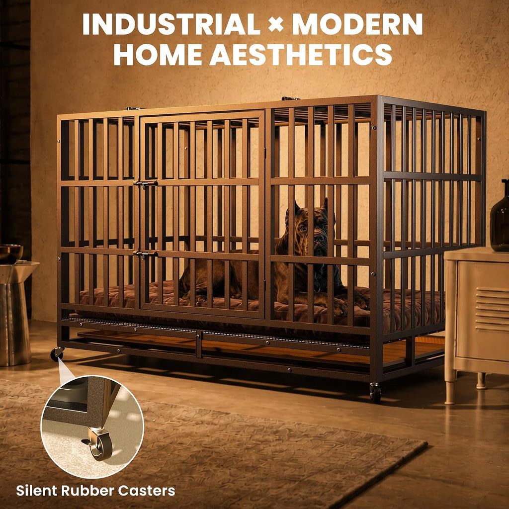 Hiwokk 48 Inch Heavy Duty Dog Crate, Indestructible Kennel for Large Dogs | 38-96" for Small to All Breeds Dogs | Escape Proof Latch | Removable Tray | Chew-Proof Steel | Lockable Wheels | Easy-Clean