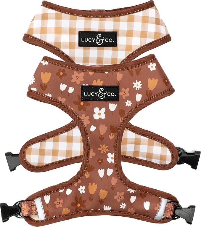 Lucy & Co. Cute Reversible Dog Harness Walking Halter - Best Designer Pet Harnesses for XS - XL Dogs - Padded Adjustable Vest for Easy Walking (X-Large, Chocolate Meadows - Brown & White Floral)