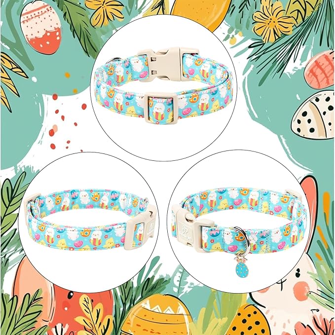Easter Dog Collar for Medium Dogs - Cute Easter Egg Hunt Dog Collars for Boy Girl Dogs, Playful Bunny & Chick Print, Lightweight Adjustable Spring Holiday Dog Collar M
