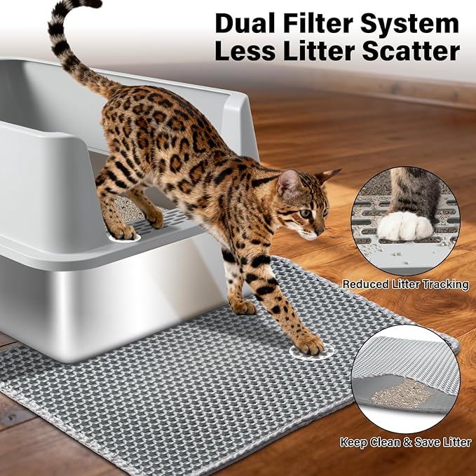 Stainless Steel Litter Box 2 Pack, XL Metal Litter Box with Lid, Extra Large Cat Litter Boxes for Big Cats with High Sides, Easy Cleaning, Non Stick, No Smell, Include Scoop and Mat