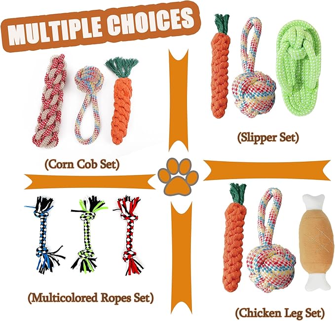 3PCS Natural Cotton Rope Toys for Small Dogs and Puppies, Dog Dental Care Chew Toys for Teething,Anxiety Relief, Helps Clean Teeth & Prevent Furniture Destruction(Chicken Leg Set)