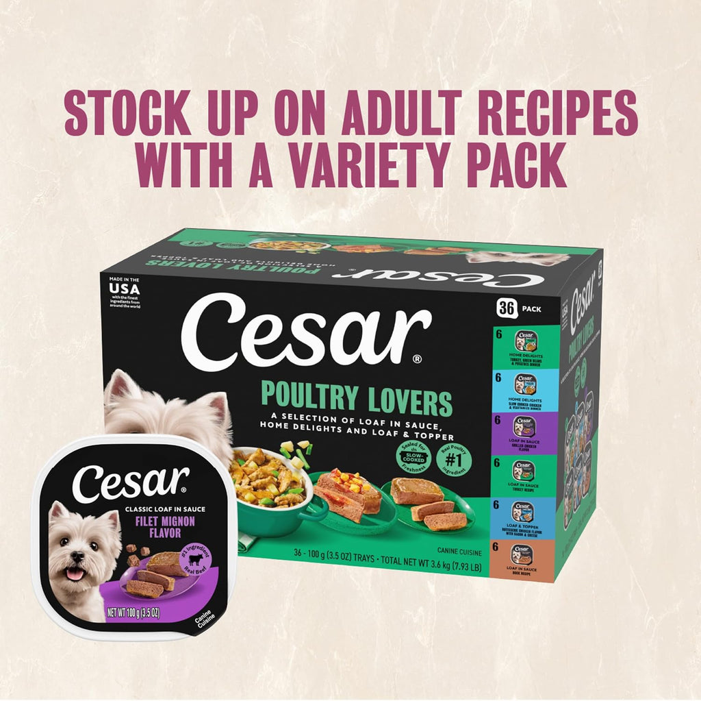 Cesar Wet Dog Food, Steak Lovers Variety Pack, 3.5 oz, 36 Count | Real meat #1 ingredient, easy peel trays, 100% complete & balanced, no fillers, no added sugar, no artificial flavors