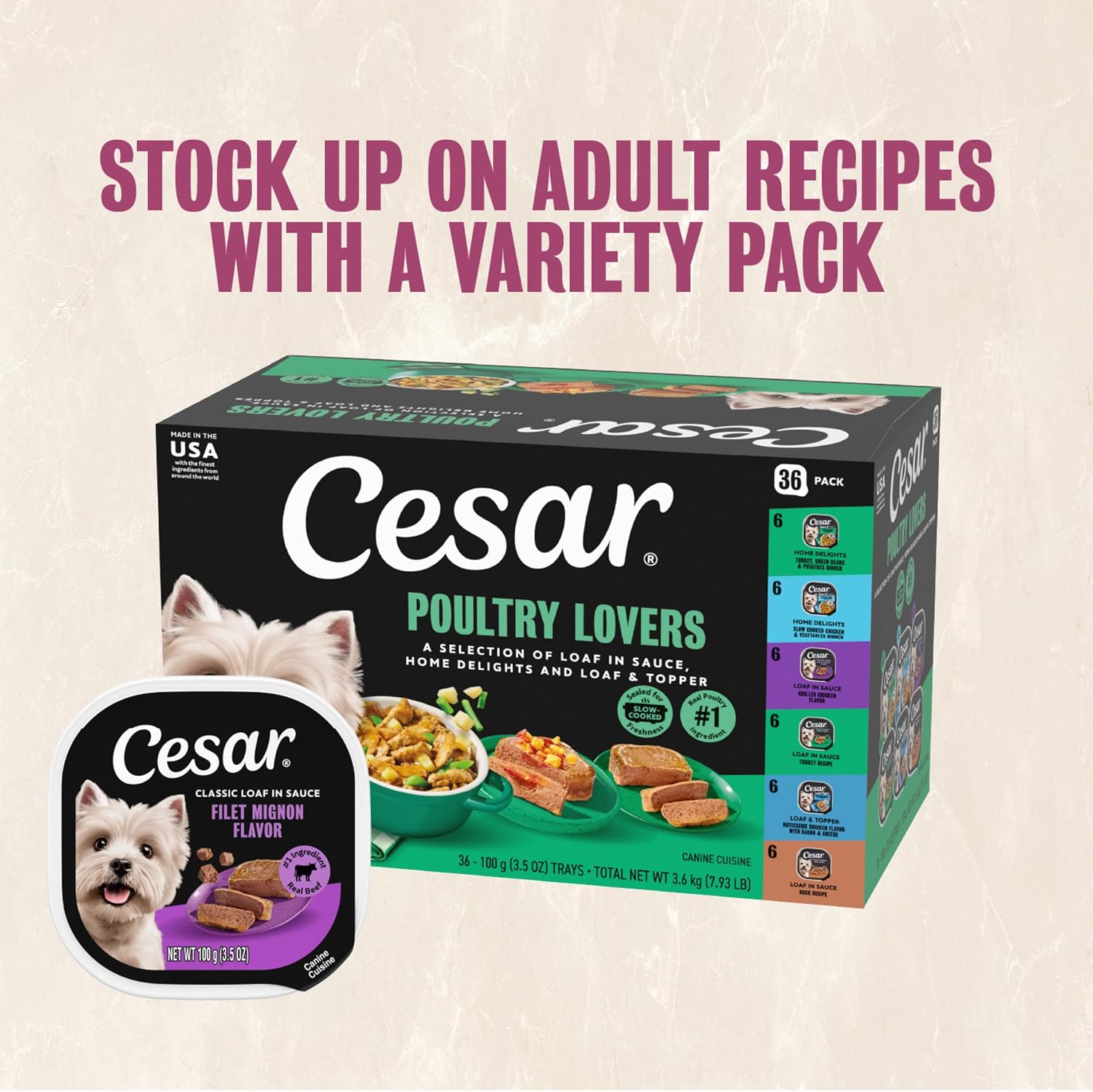 Cesar Wet Dog Food, Steak Lovers Variety Pack, 3.5 oz, 36 Count | Real meat #1 ingredient, easy peel trays, 100% complete & balanced, no fillers, no added sugar, no artificial flavors