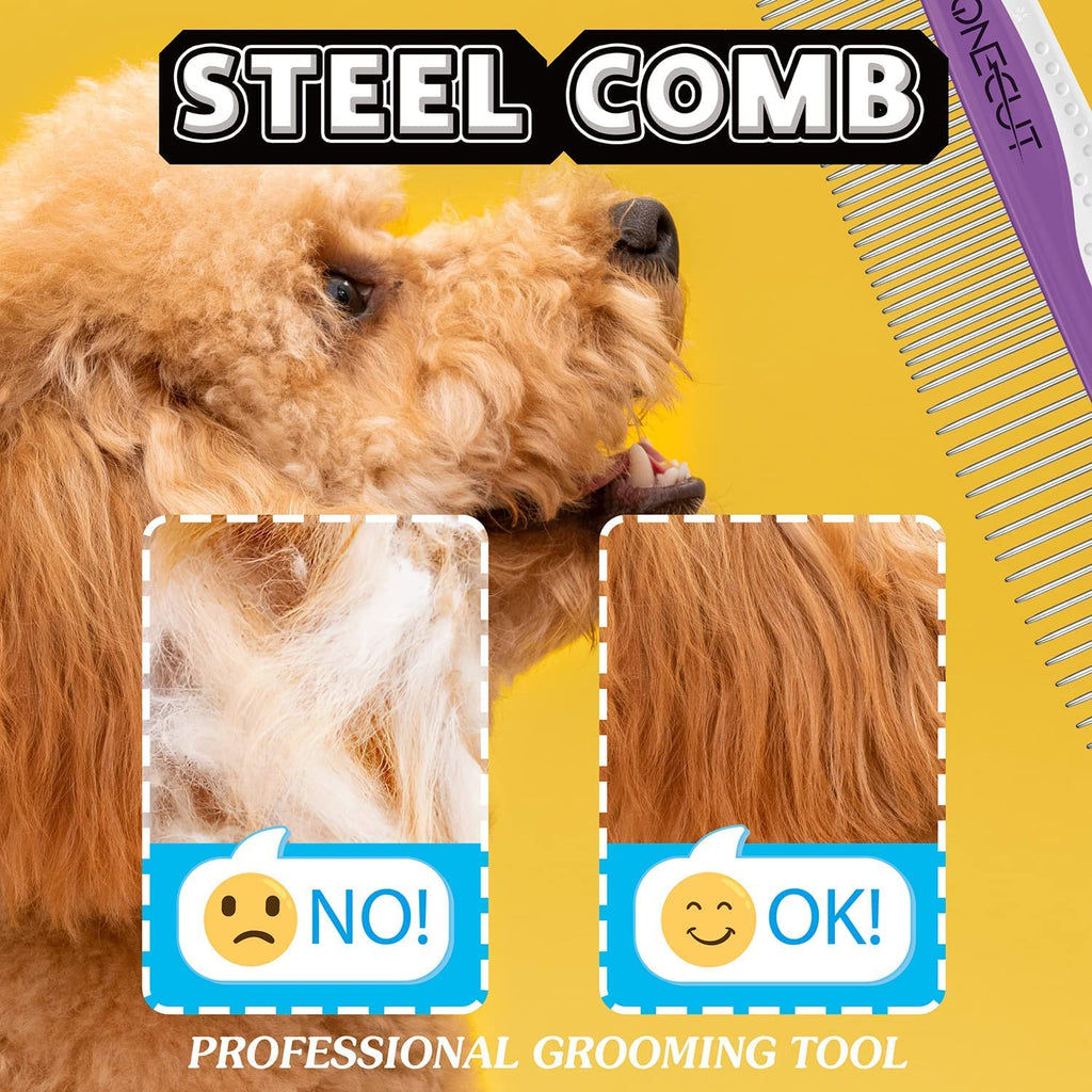 Dog Comb, OneCut Pet Grooming Tool for Removing Tangles Knots and Matted Fur, Wide and Narrow Teeth Comb Design for Dogs and Cats (Purple)