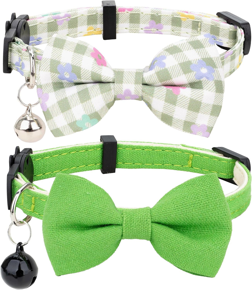Cat Collar with Bow Tie Bell Breakaway Bowtie 2pcs Set Spring Plaid Flower Floral Solid Boy Girl Cute Kitten Safety B [Plaid & Solid] Green