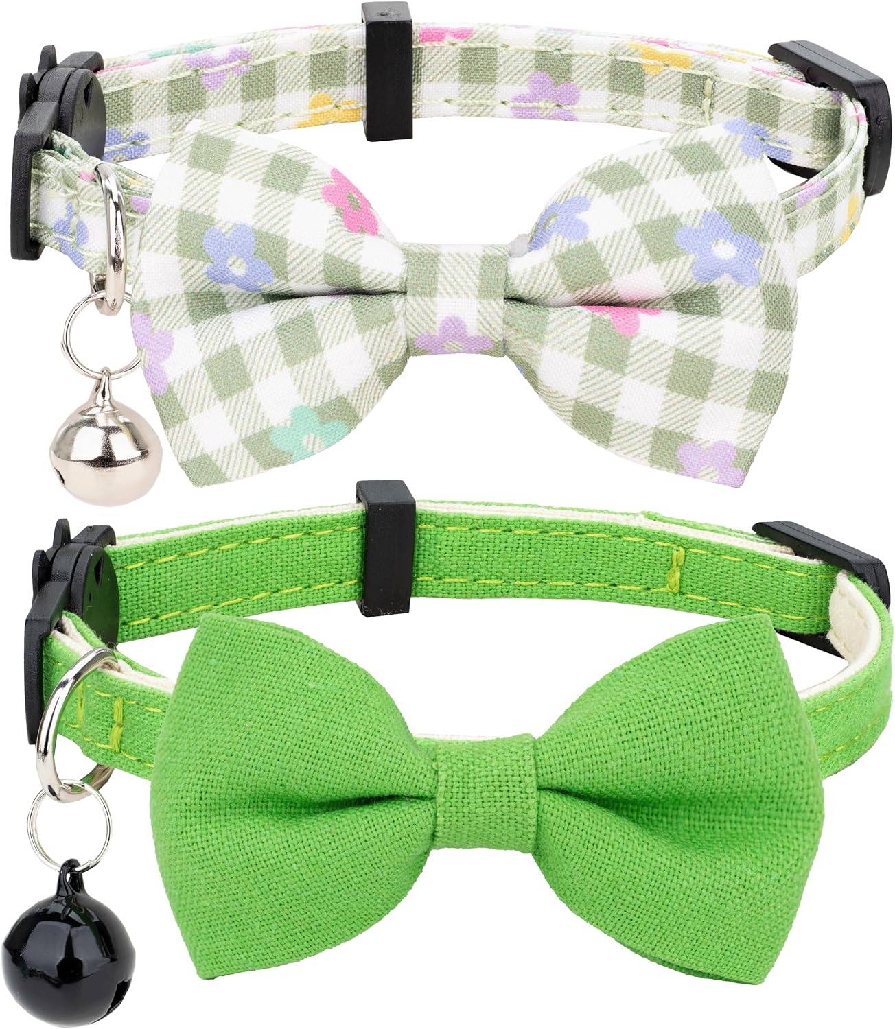 Cat Collar with Bow Tie Bell Breakaway Bowtie 2pcs Set Spring Plaid Flower Floral Solid Boy Girl Cute Kitten Safety B [Plaid & Solid] Green