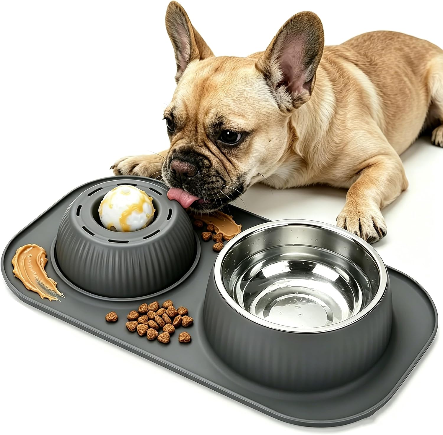 Dog Licking Bowl with Rolling Ball,Food and Water Bowl Set Slow Feeder | Spill proof & no tipping bowl mat features raised edge design to block splashes portable as travel dog bowls for outdoor trip