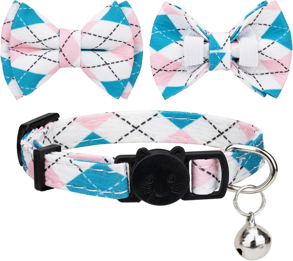 Cat Collar with Bow Tie 2pcs Set Bell Boy Girl Kitten Safety Plaid Grid Checkered Solid Color Suede Velvet Cute Soft Gift C-[2pcs] Argyle