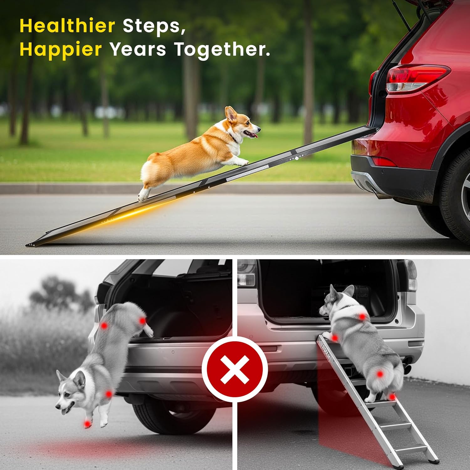 Dog Ramp for Car - 71" L x 17" W Portable Dog Ramp for Car | Foldable, Compact, Cars, Trucks, SUVs, Beds, Sofas, Anti-slip Feet, Traction Carpet, 250 lbs Capacity, for Small to Large