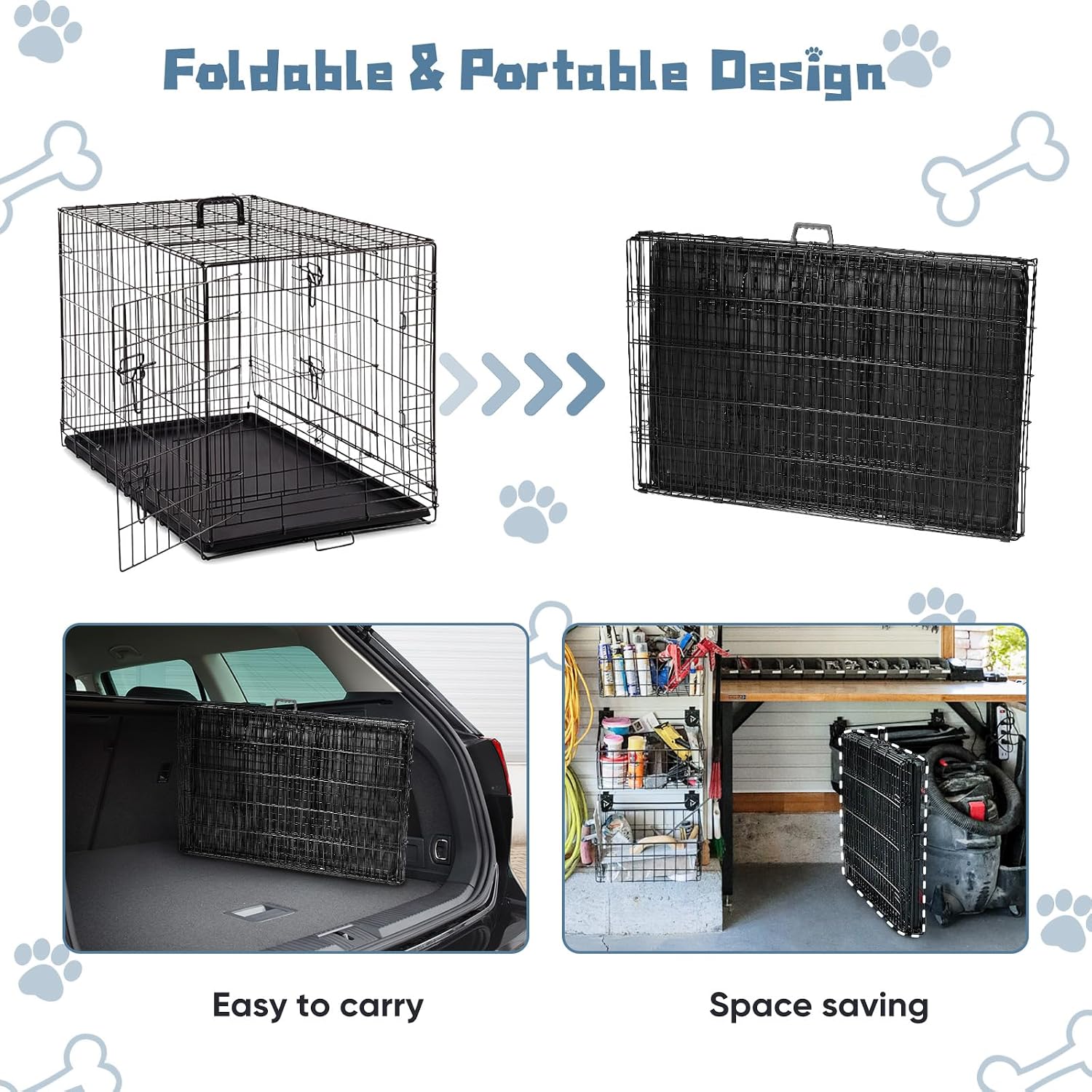 DUMOS 36 Inch Dog Crate, Foldable Small Medium Dog Cage Pet Kennel | Double Door Metal Wire, Plastic Leak-Proof Pan Tray, Portable Indoor Outdoor Training Travel