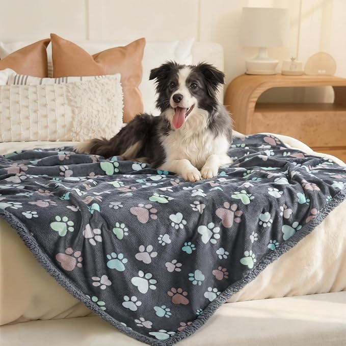Luciphia Waterproof Pet Blankets for Couch Sofa Bed Cover Liquid Pee Proof Washable Soft Fluffy Large Dog Blanket Reversible Furniture Protection Grey Paw Thicken X-Large（85" x 57"）