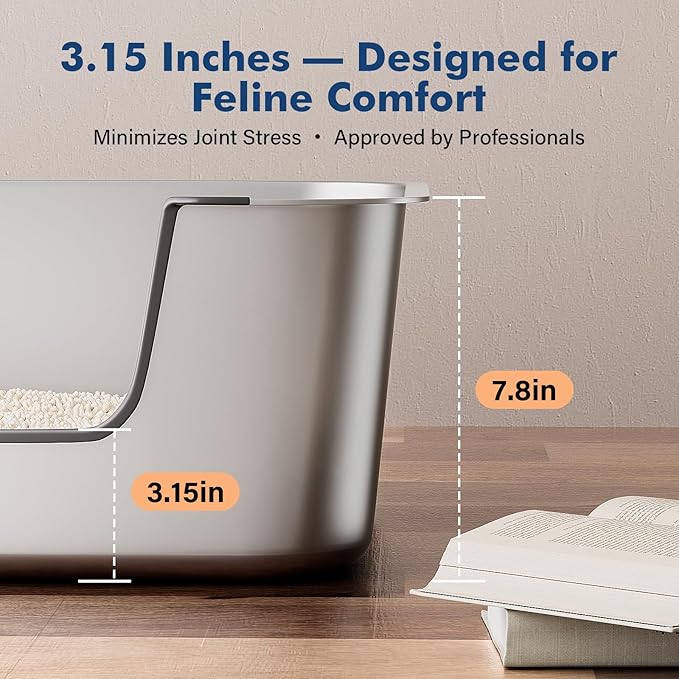 Stainless Steel Cat Litter Box with Low Entry, Large Metal Kitty Litter Box for Senior or Injured Cats, Odor-Free, Non-Stick, Easy to Clean, 23.4"x15.6"x7.8", for Multiple Cats