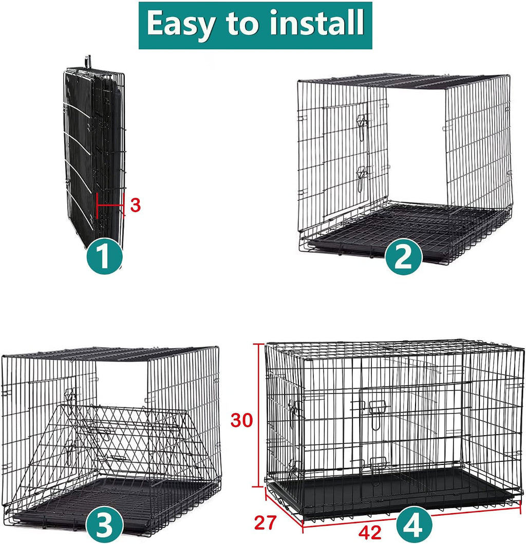 48 42 Inch Large Dog Crate Kennel Metal Wire Indoor/Outdoor Double-Door Folding Dog Cage for Large Medium Puppy Dog Pet Crate with Plastic Tray and Handle