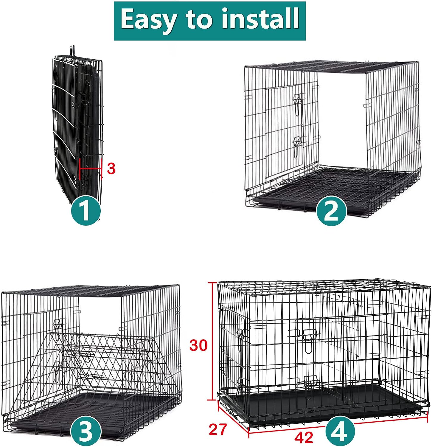 48 42 Inch Large Dog Crate Kennel Metal Wire Indoor/Outdoor Double-Door Folding Dog Cage for Large Medium Puppy Dog Pet Crate with Plastic Tray and Handle
