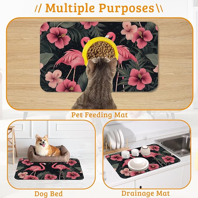 Pet Feeding Mat,Pink Flamingo Absorbent Dog Cat Food Mat Palm Leaves Dog Mat with Rubber Backing,Non-Slip Water Bowl Placemat,Pet Supplies 12" x 20"
