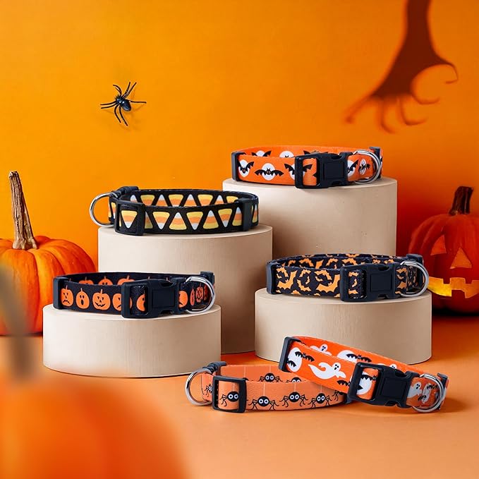 Native Pup Halloween Dog Collar- Spooky Fall Themed Horror Costume Collars- Skull, Pumpkin, Ghost, Bat, Witch, Candy Corn, Spider- Adjustable for Small, Medium, Large Breeds (Small, Orange Bats)
