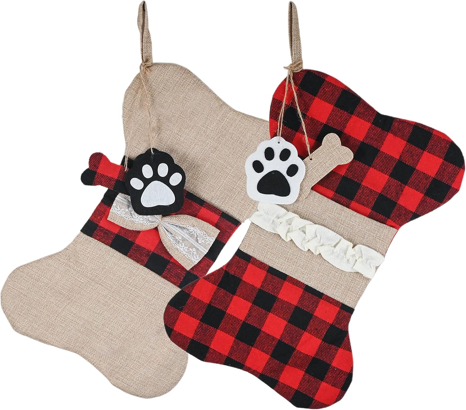 Christmas Plaid Pet Stocking - Buffalo Plaid Doggy Bone Puppy Dog Paw 2 pc